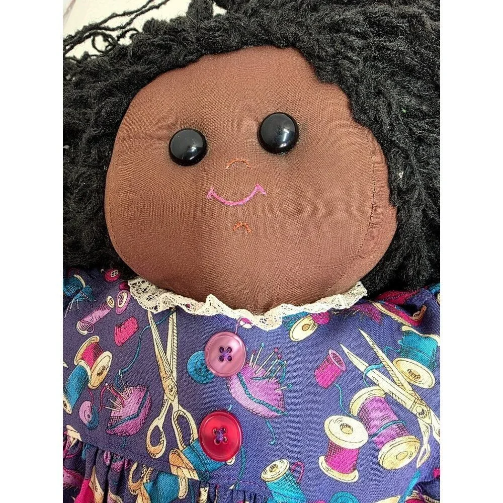 Handmade 90/00s 26″ African American Cloth Rag Doll Yarn Hair Folk Art Vtg Style